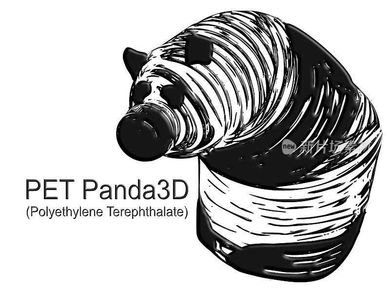 PET熊猫3D压花-大熊猫熊与塑料水瓶混合等距视图剪影黑白背景-完全可移动矢量- Ailuropoda Melanoleuca /一次性饮水容器混合剪影纹理背景